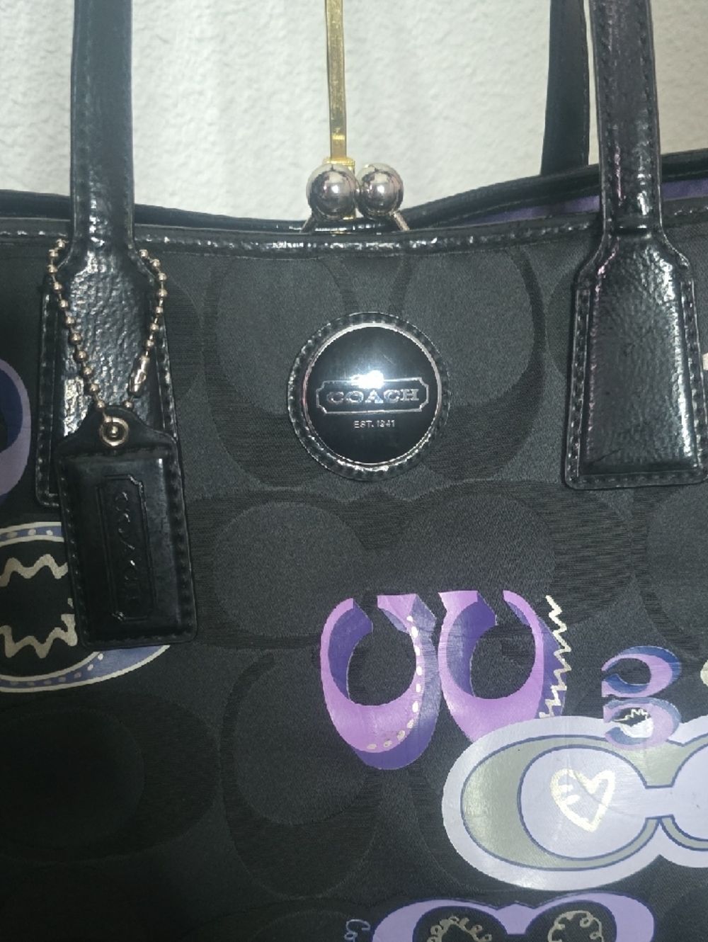 Coach Poppy Black & Purple Pop Graffiti Glam Kisslock Shoulder Bag (EUC)🖤💜🖤 - Picture 3 of 12
